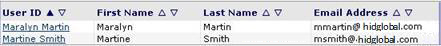 Search results displayed in table including User ID, First Name, Last Name and Email Address